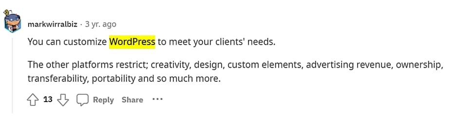 WordPress review on Reddit.