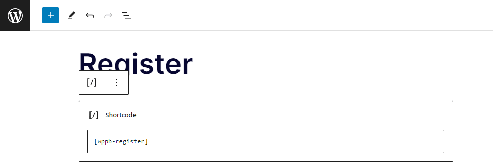 The shortcode for the register form.