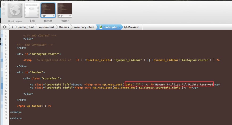 how to change footer date wordpress