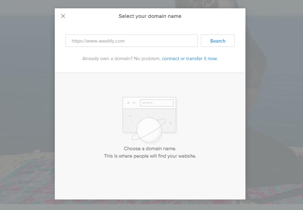 Weebly’s domain selection tool, where you can connect yours or buy a new one.