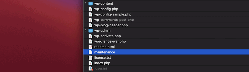 A portion of an SFTP window that shows a maintenance file within the WordPress root directory.