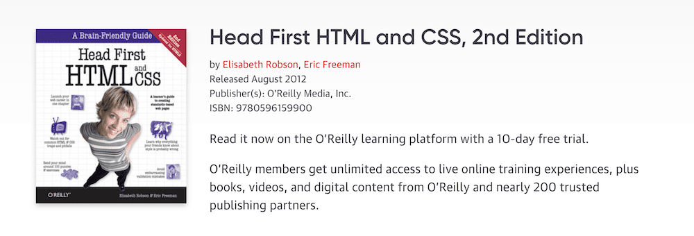Sampul dan uraian buku Head First HTML dan CSS.
