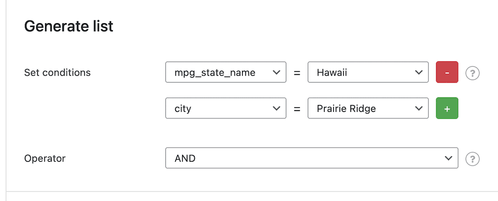Setting up a filter in the Shortcode tab.