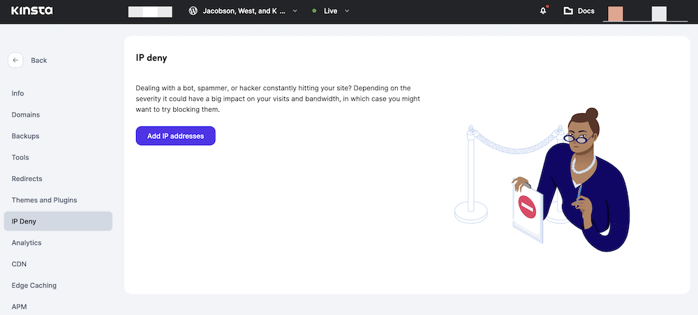 Kinsta's dashboard provision for enabling the option to block IP addresses.