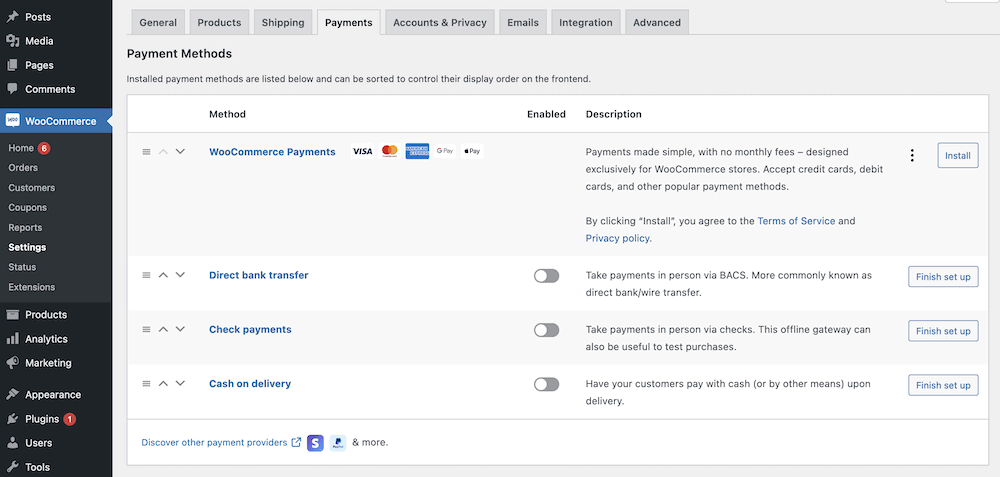 The WooCommerce payment settings screen.