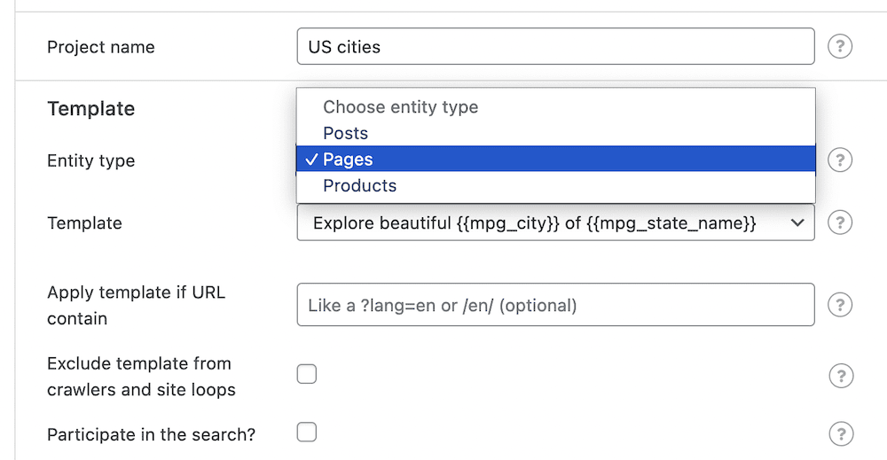 Choosing an entity type from the Multiple Pages Generator interface.