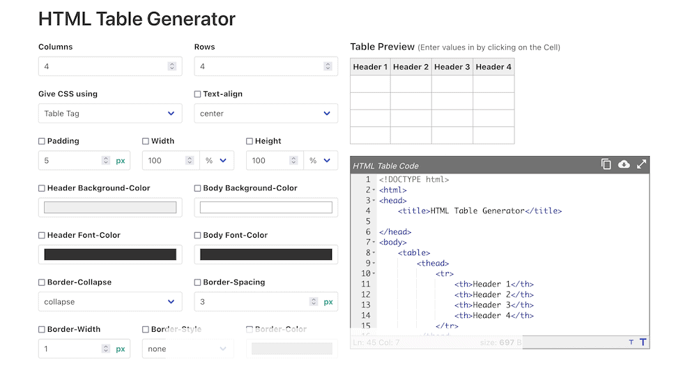 Generator tabel HTML menampilkan kode HTML dan tampilan ujung depan untuk tabel, bersama dengan opsi CSS.
