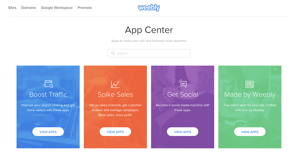 Weebly' segmentation of third-party apps within its extension directory.