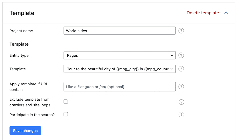 Using a template for world cities for WordPress page generator.