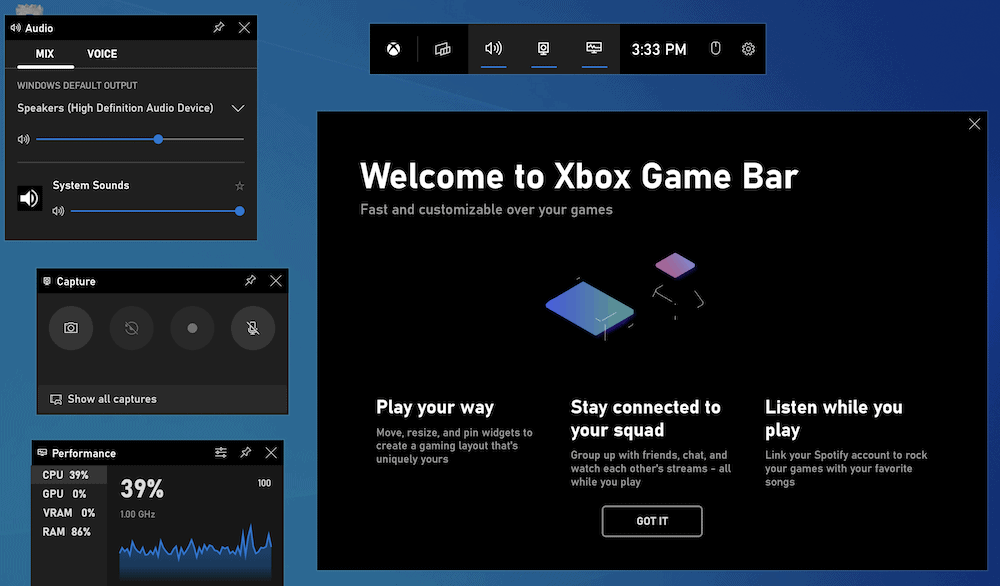 An active version of the Xbox Game Bar.