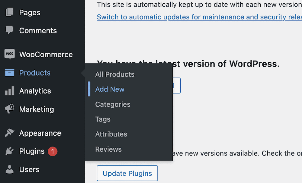 The Products > Add New link within WordPress.