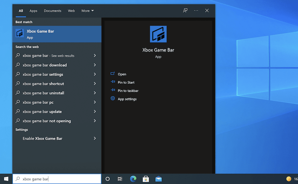 Finding the Xbox Game Bar in the Windows Search menu.