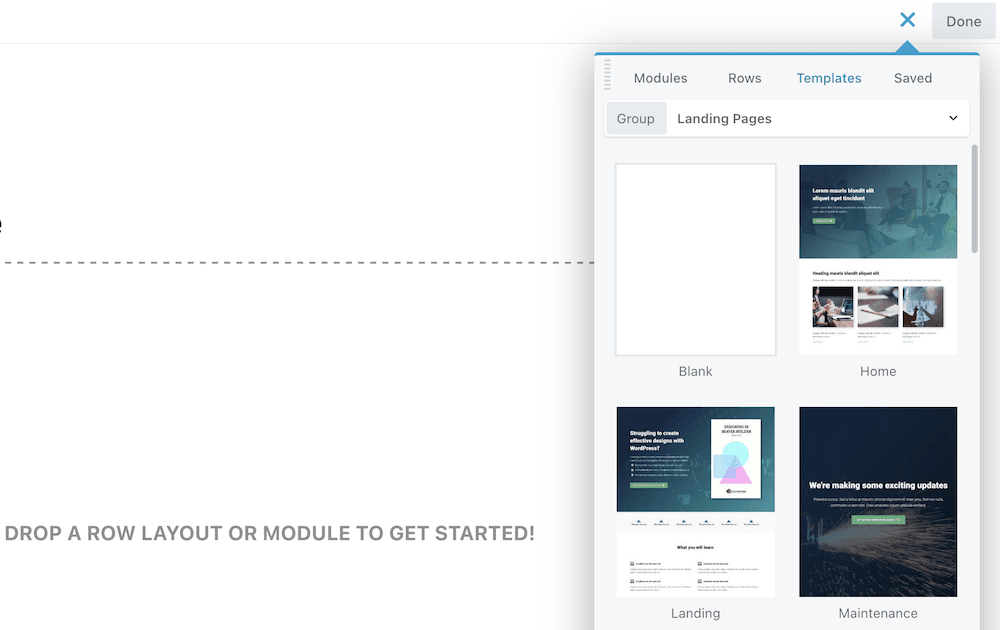The different template you can choose from within Beaver Builder.