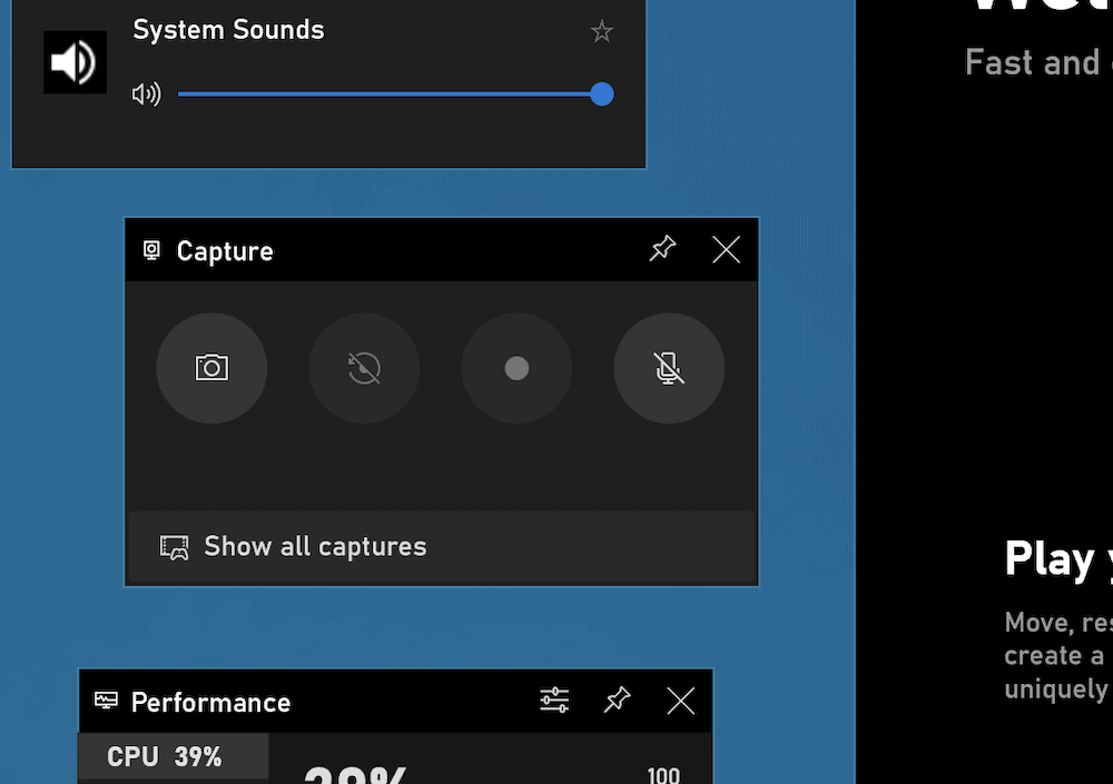 The Xbox Game Bar Capture widget - use it to record screen on windows.