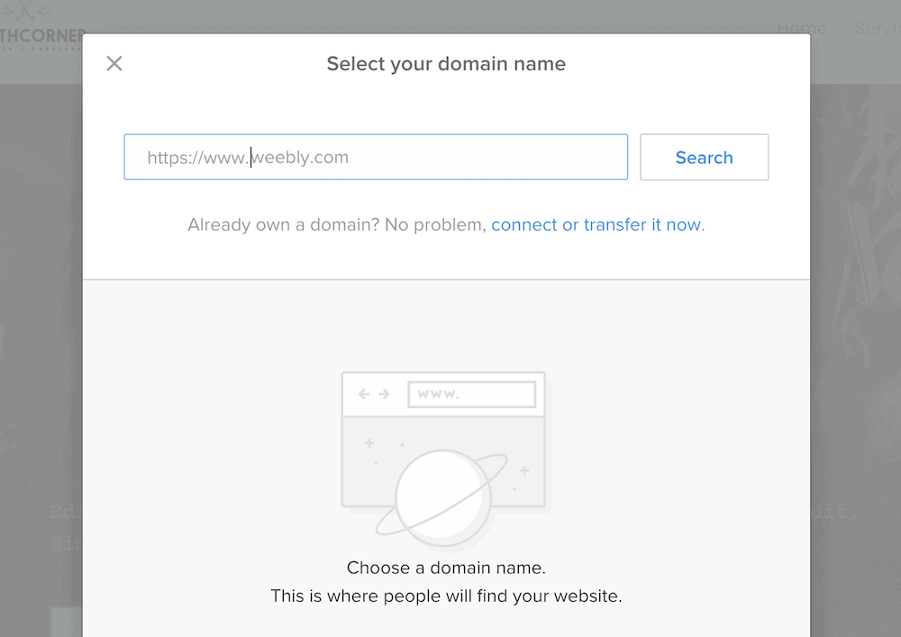 Choosing a Weebly domain from the popup dialog.