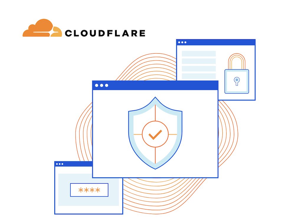 The Cloudflare logo and graphical representation of its WAF.