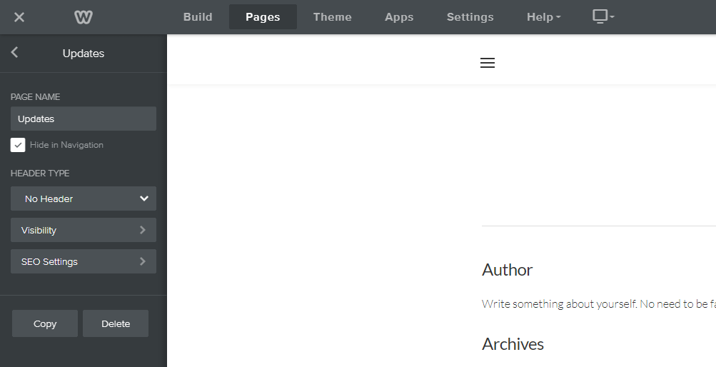 Hiding pages from the navigation in Weebly.