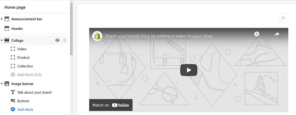 Shopify vs BigCommerce: Shopify visual editor with Collage selected in the sidebar