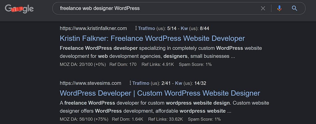 How to hire a web designer: Google search results for "freelance web designer WordPress"