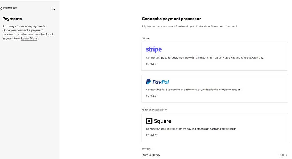 Squarespace - selecting payment processor