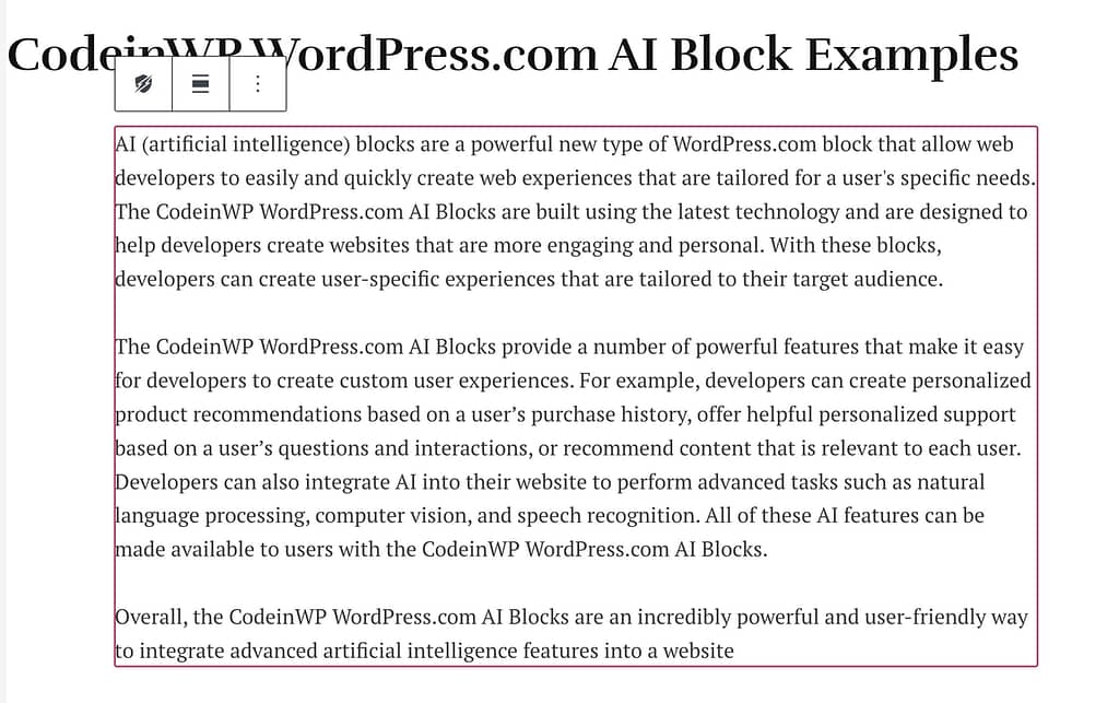 Blok konten teks AI WordPress.com