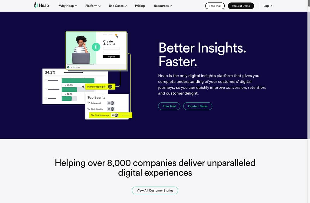 Heap is one of the most comprehensive Google Analytics alternatives available and this is their homepage.