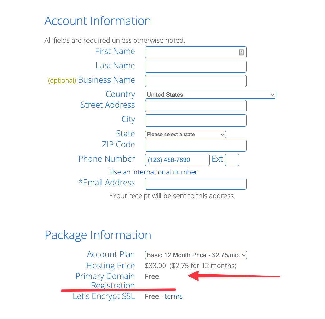 Bluehost: the info you need to add to get a domain name for free