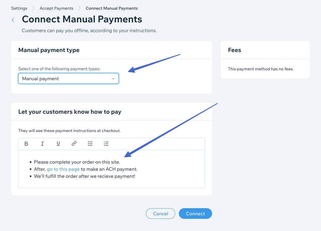 connect manual payments and add a link to accept ACH payments