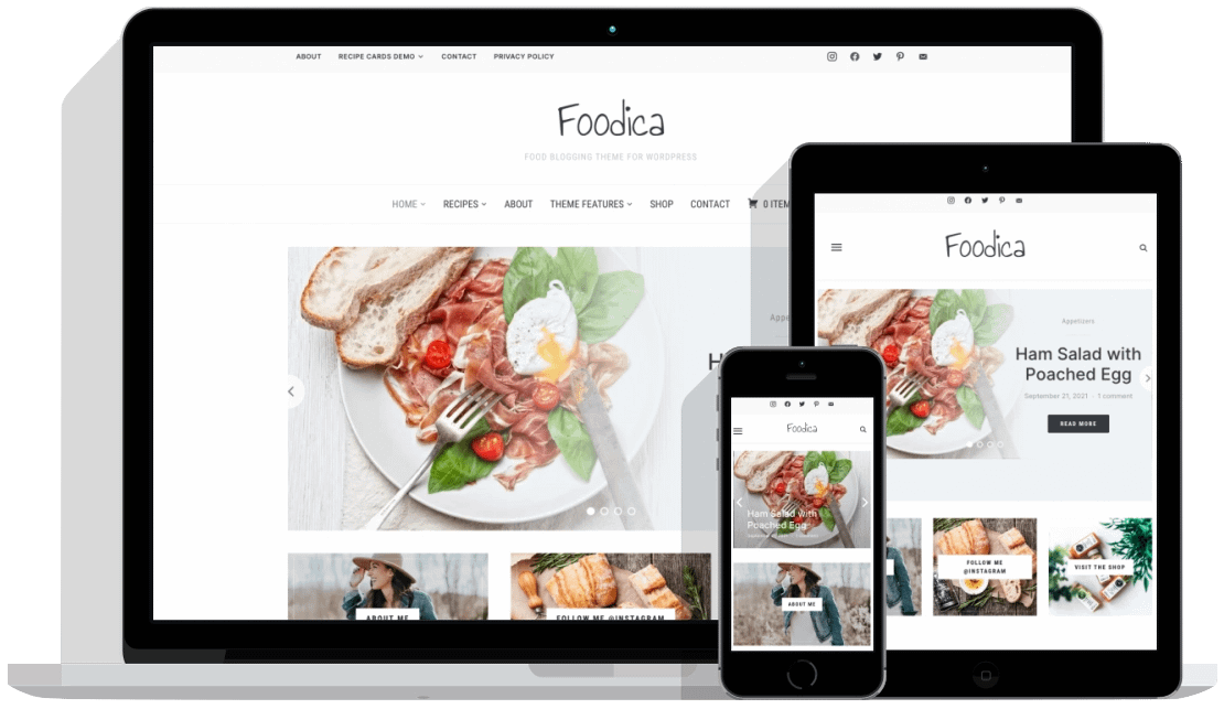 Foodica Theme | Desktop, Tablet, Mobile mockup