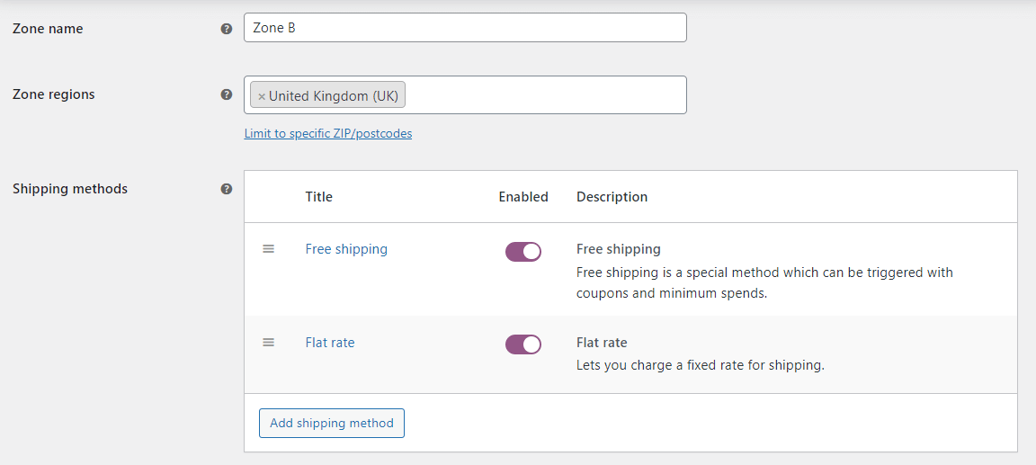 Adding a new shipping zone in WooCommerce