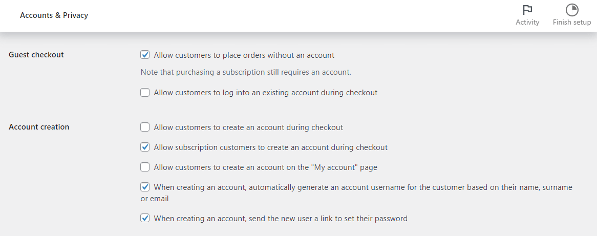 WooCommerce account settings