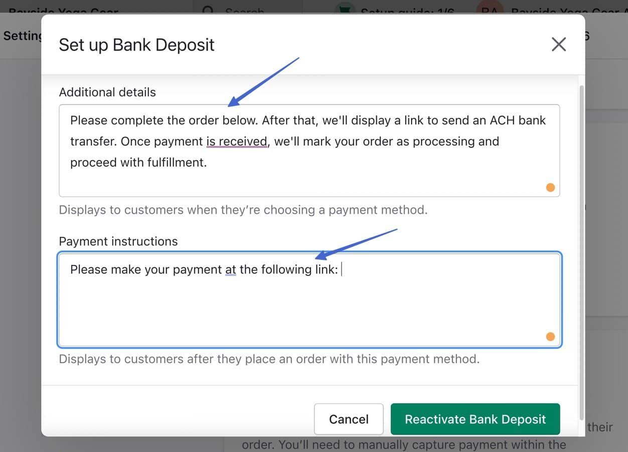 ACH payment instructions in Shopify