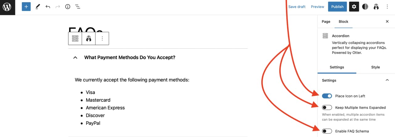 Additional accordion settings such as enabling FAQ schema