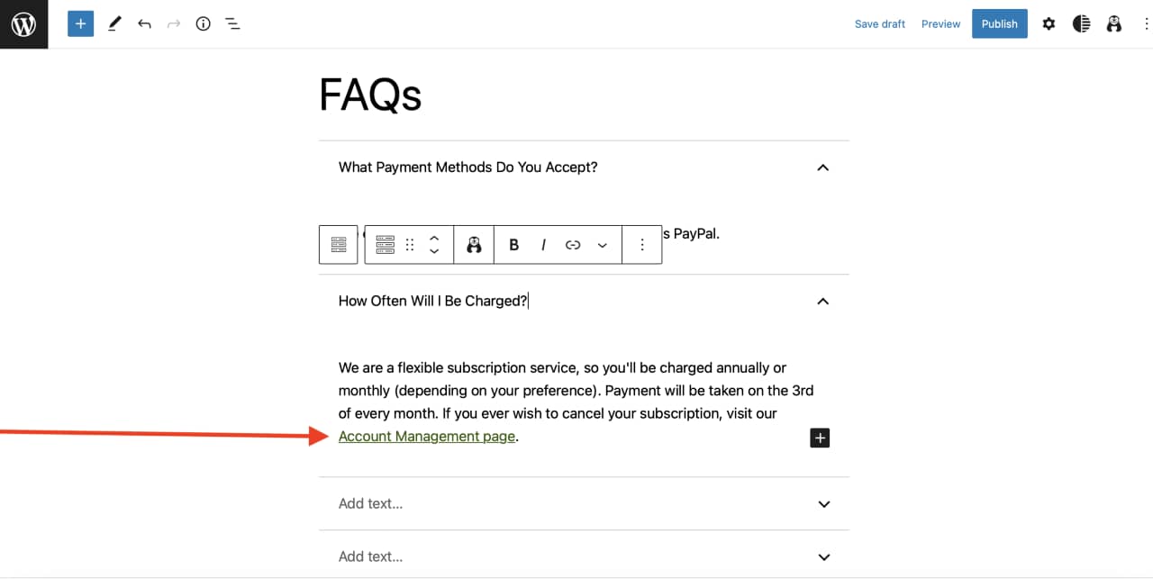Adding links inside of FAQ sections