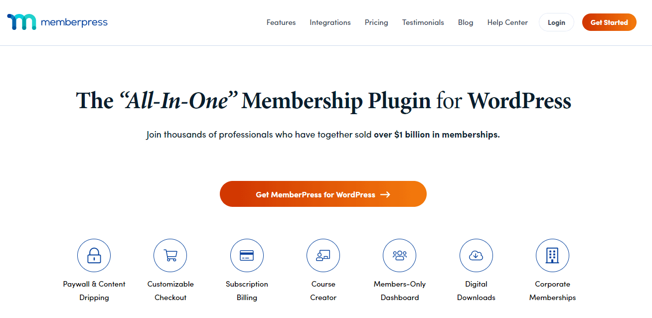 MemberPress homepage - a great tool to to sell digital products and courses