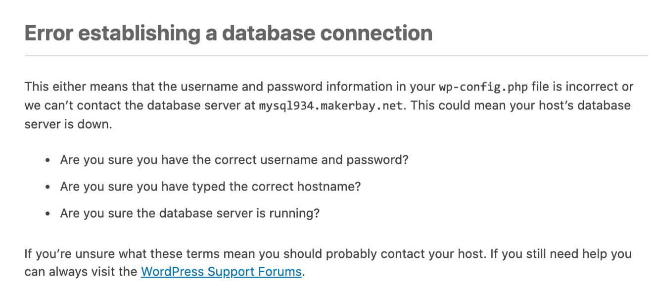 Error establish a database connection.