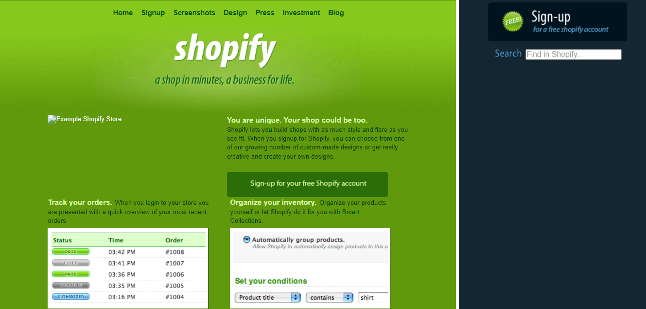 Beranda Shopify pada tahun 2006 adalah tonggak sejarah dalam sejarah pembuat situs web dan juga e-niaga.