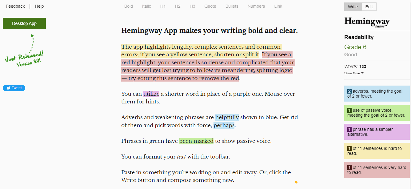 Hemingway app is one of the best content marketing tools.