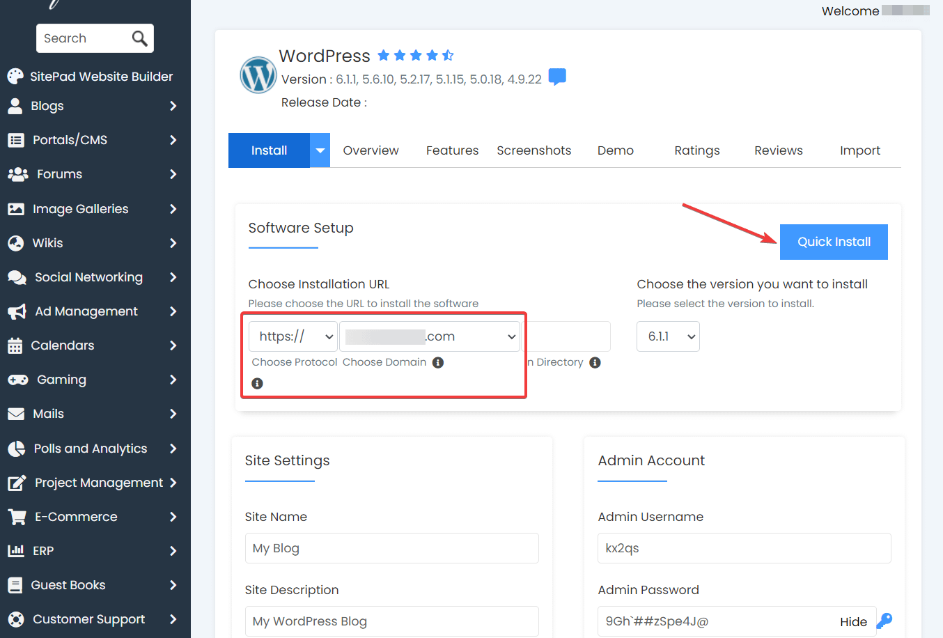 installing wordpress via softaculous.