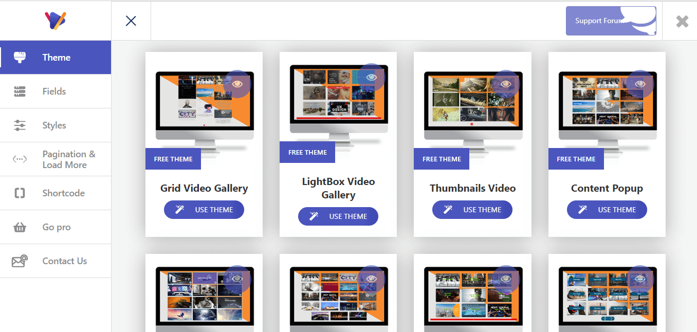 Selecting a theme for the video gallery.