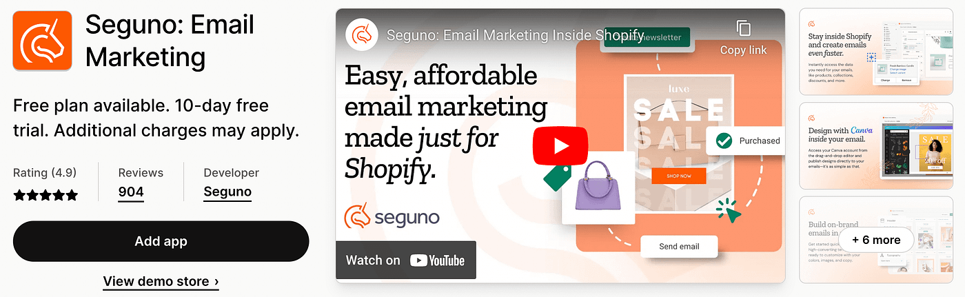 Seguno is one of the best Shopify apps for creating branded content and sending marketing emails