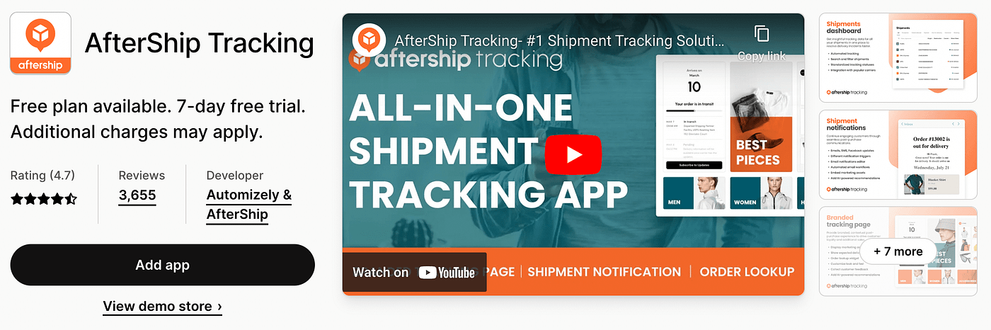 The Aftership Tracking app for Shopify