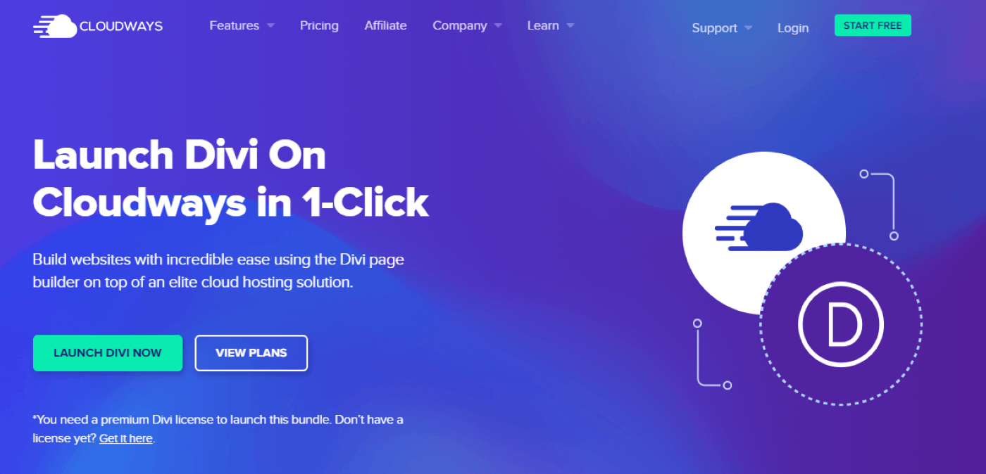 Cloudways Divi Hosting page