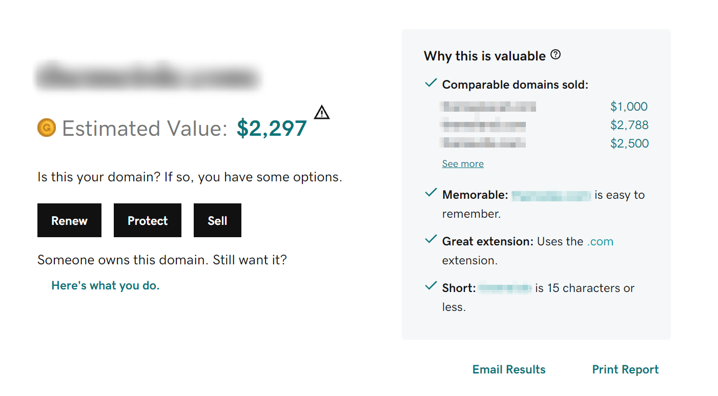 A sample domain value report from GoDaddy.