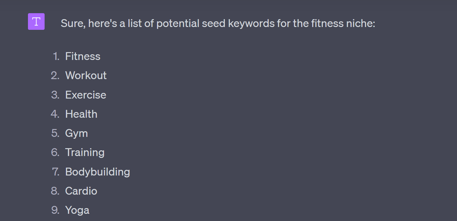 Example of how to do keyword research with ChatGPT by asking for seed keywords.