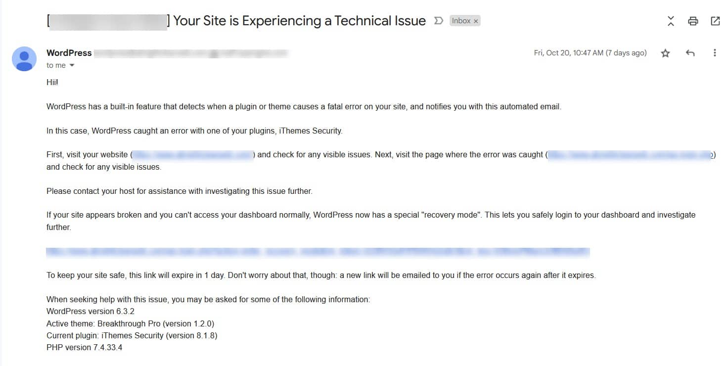 Your site is experiencing a technical issue email.