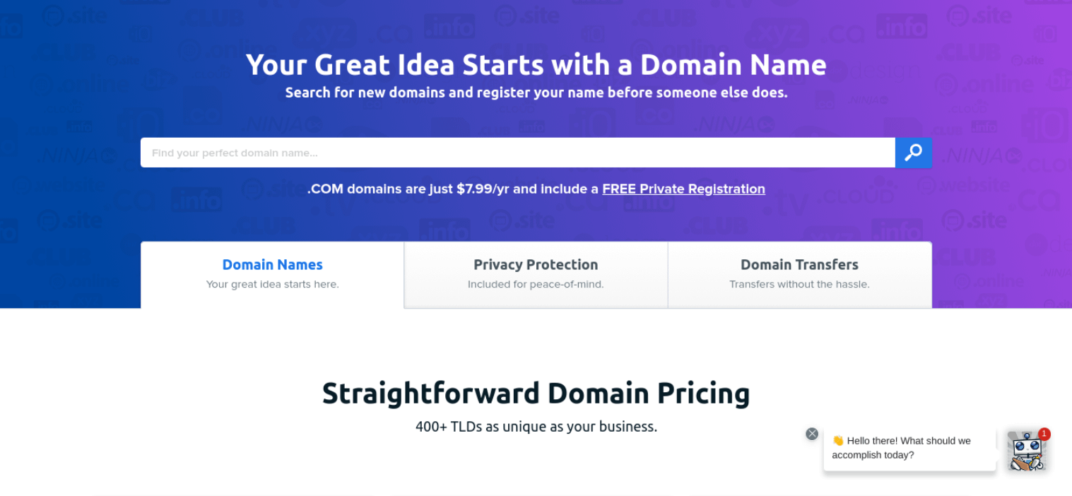 The domains section of the DreamHost website.