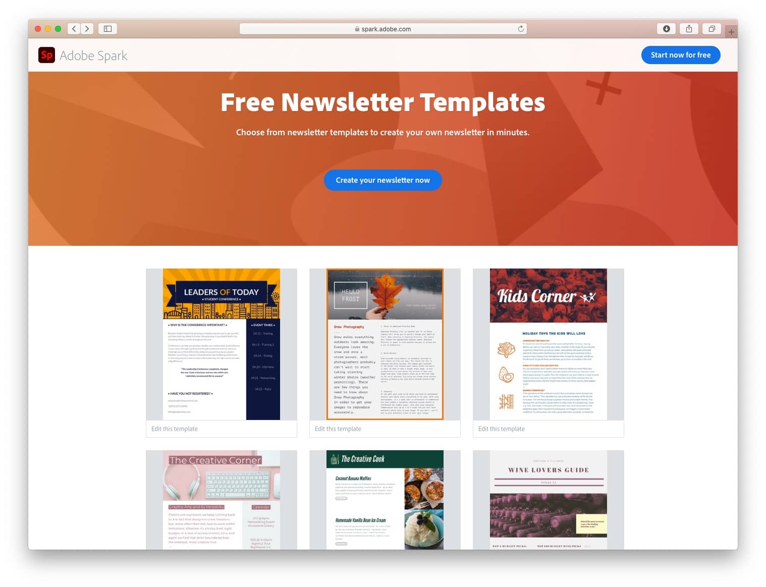 Free email newsletter templates: Adobe Spark