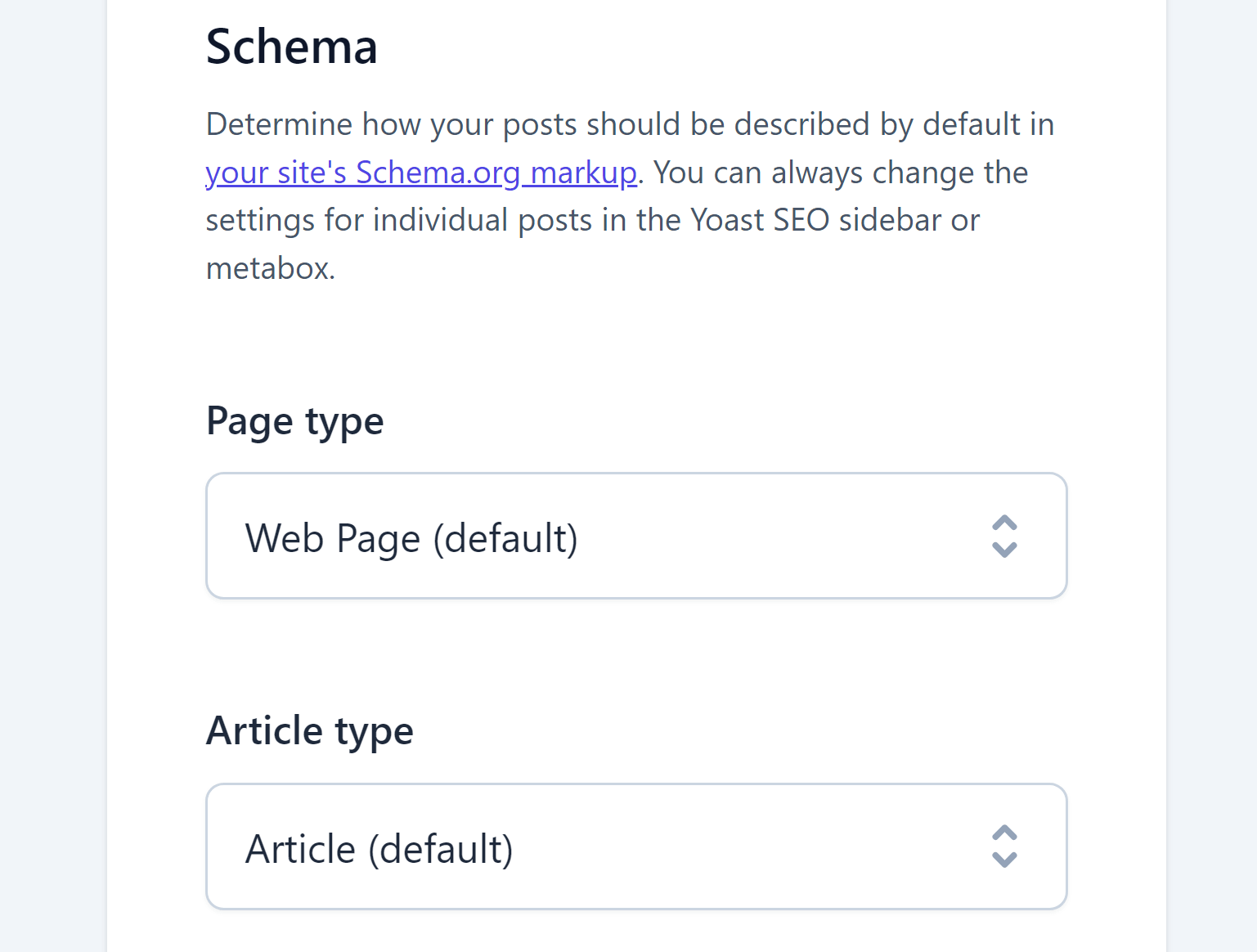 Default schema types in Yoast for rich snippets in WordPress.