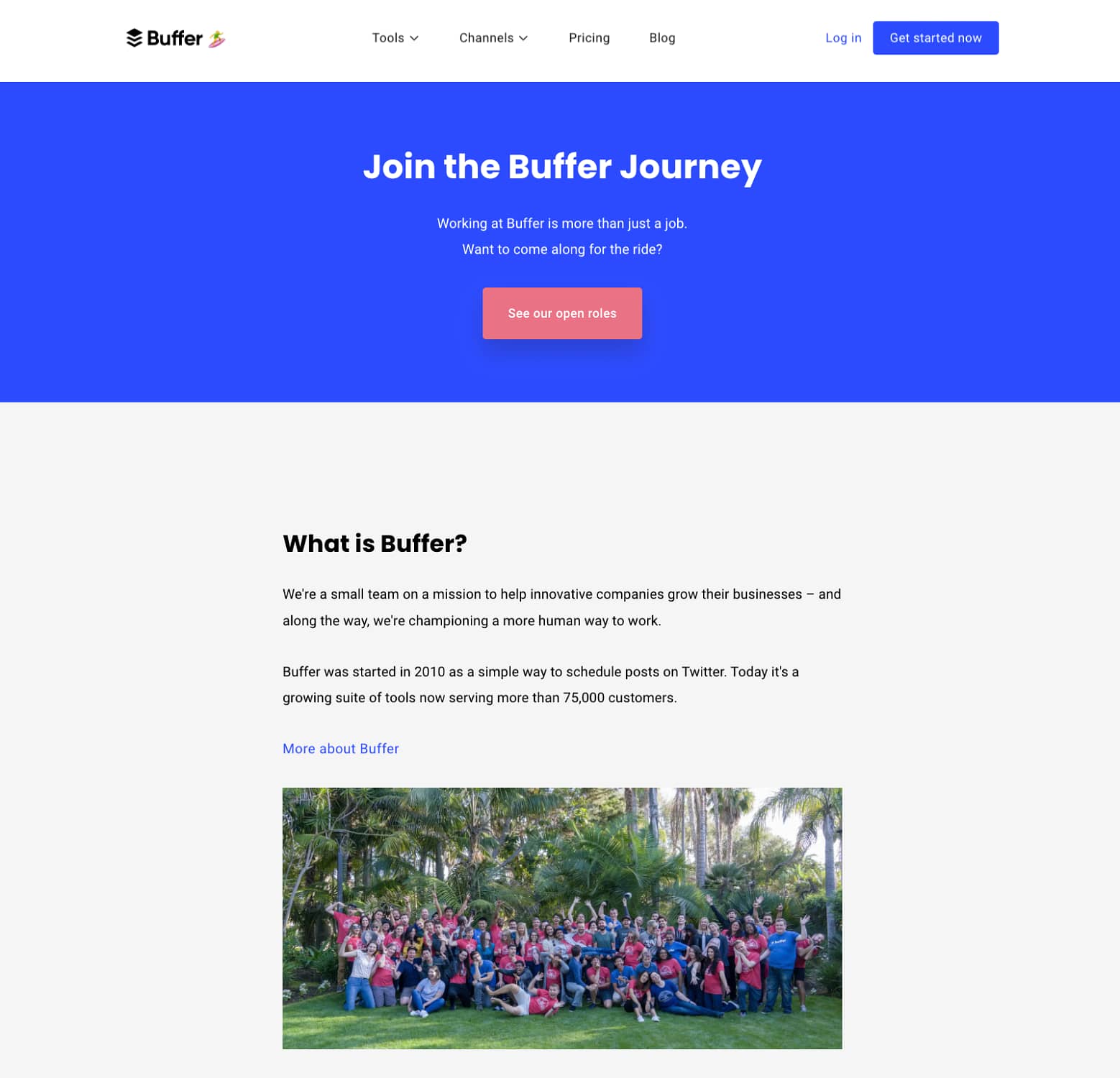 An examples of a careers / jobs page from Buffer.